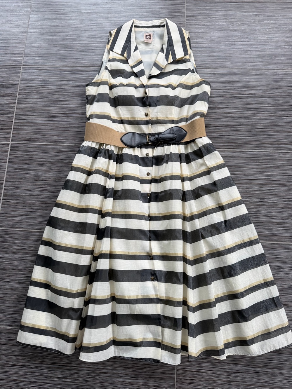 Anne Kline  Lined Sleeveless Metallic Button-Front Stripe Dress with Belt